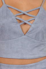 Dusty Blue Lattice Crop Suede Co-ord - Freya