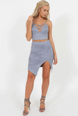 Dusty Blue Lattice Crop Suede Co-ord - Freya