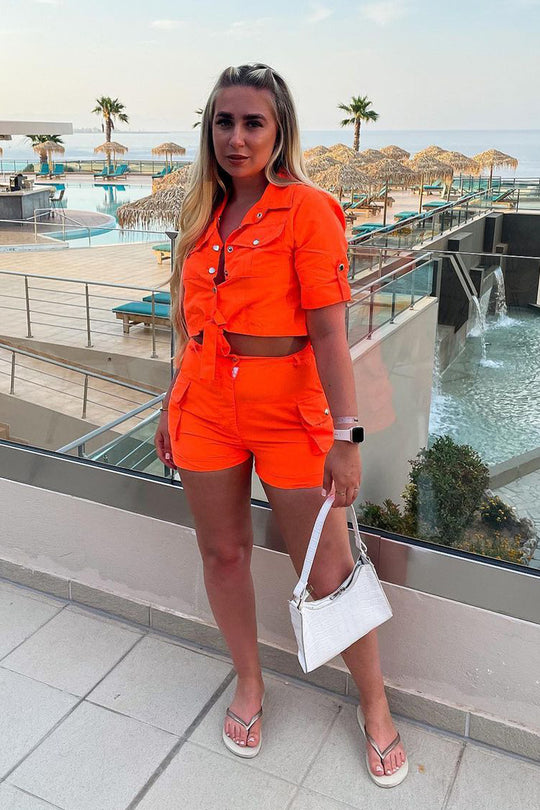 Neon Orange Button Front Utility Shirt & Shorts - Galia