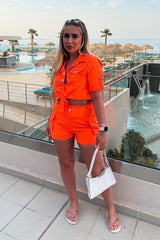 Neon Orange Button Front Utility Shirt & Shorts - Galia