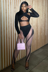 Black Slinky Cross Front Long Sleeve Crop Top - Tahlia