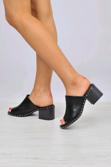 Black PU Studded Slip On Block Heels - Hadie