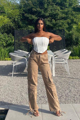 Mocha Tie Hem Denim Cargo Trousers - Hayden