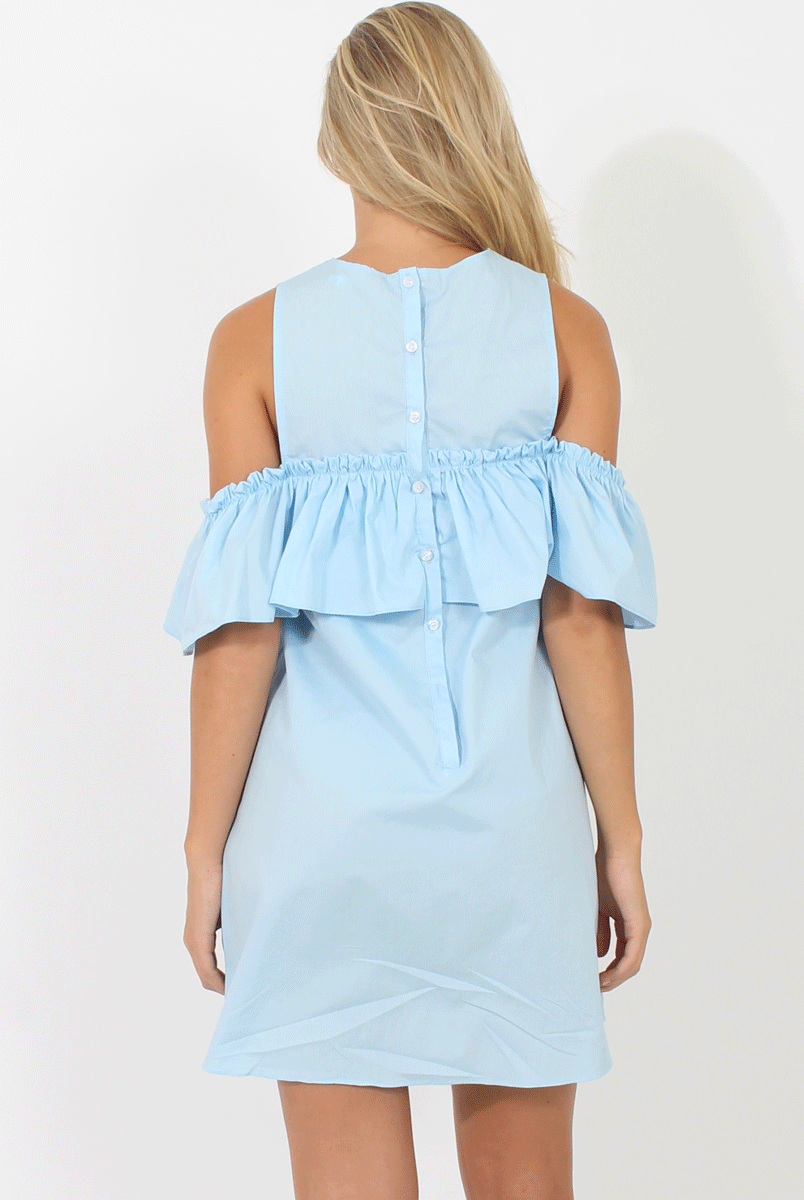 Blue Cold Shoulder Frill Layer Dress - Helena