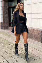 Black Ruched Sleeves Blazer - Hurain