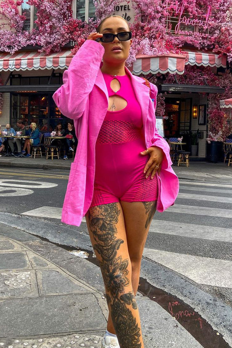 Hot Pink Fishnet Keyhole Playsuit - Jamila