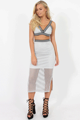 Black and White Stripe Mesh Midi Skirt - Jemima