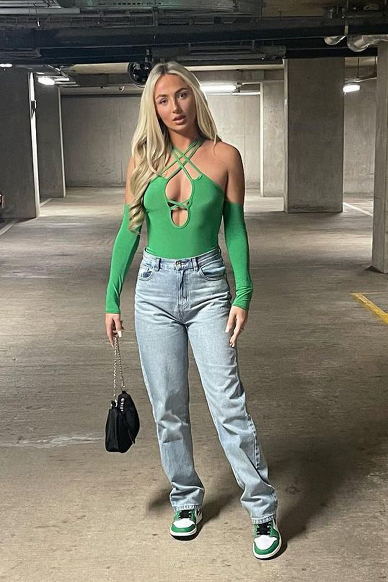 Green Slinky Strappy Crossover Cut Out Shoulders Bodysuit - Jorja