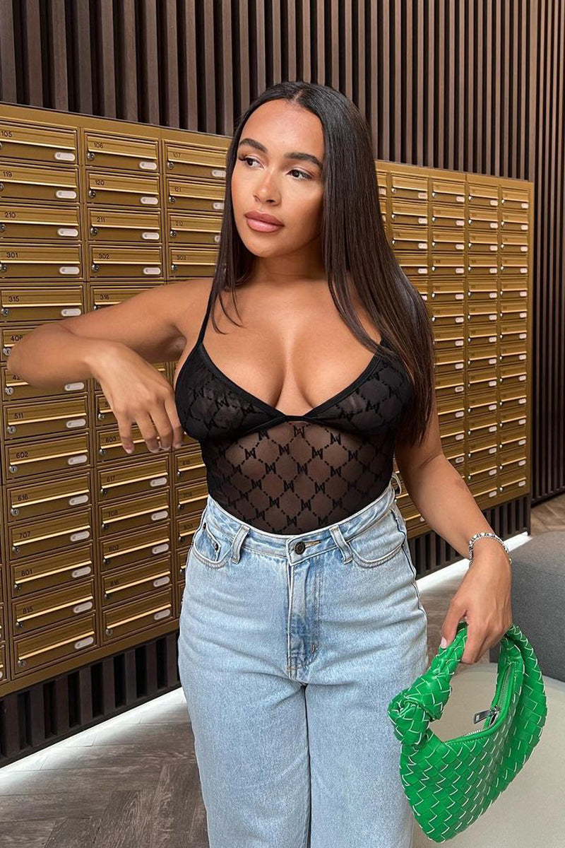 Black Mesh Flock Print Bodysuit - Julie