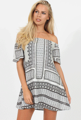 Light Grey Print Bardot Dress - July