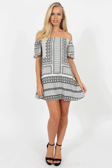 Light Grey Print Bardot Dress - July