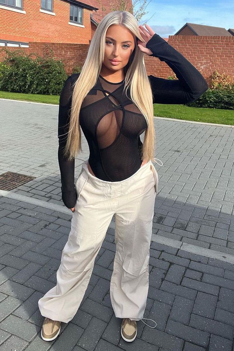 Black Mesh Cut Out Detail Bodysuit - Keziah