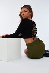 Black Lace Up Back Crop Top - Celia