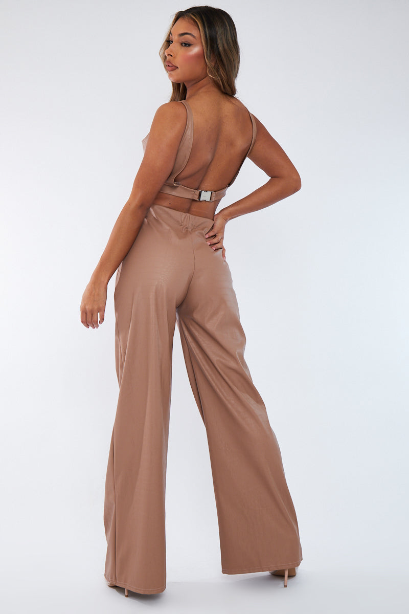 Tan PU Croc Leather Straight Leg Trousers - Sevyn