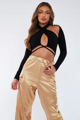 Black Rib Halterneck Two Piece Crop Top - Avan