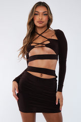 Chocolate Cut Out Tie Front Crop Top & Mini Skirt Set - Kayla