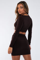 Chocolate Cut Out Tie Front Crop Top & Mini Skirt Set - Kayla