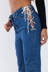 Mid Blue Denim Lace Up Detail Straight Leg Jeans - Eliana