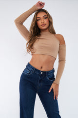 Camel Ribbed Cut Out Shoulders Crop Top - Tyra
