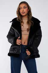 Black Faux Leather Aviator Jacket - Juniper