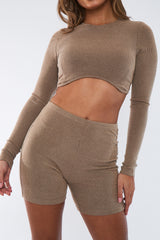 Beige Rib Crop Top & Shorts Set - Zoe