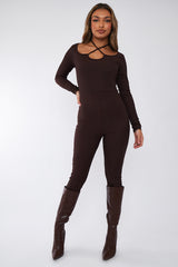 Chocolate Rib Tie Halter Neck Jumpsuit - Asha
