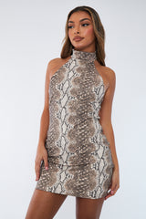Beige Snake Print PU Halter Neck Mini Dress - Cheryl
