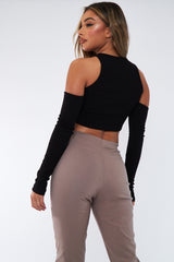 Black Ribbed Cut Out Shoulders Crop Top - Tyra