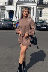 Mocha Oversized Slit Sweatshirt Dress - Kierell