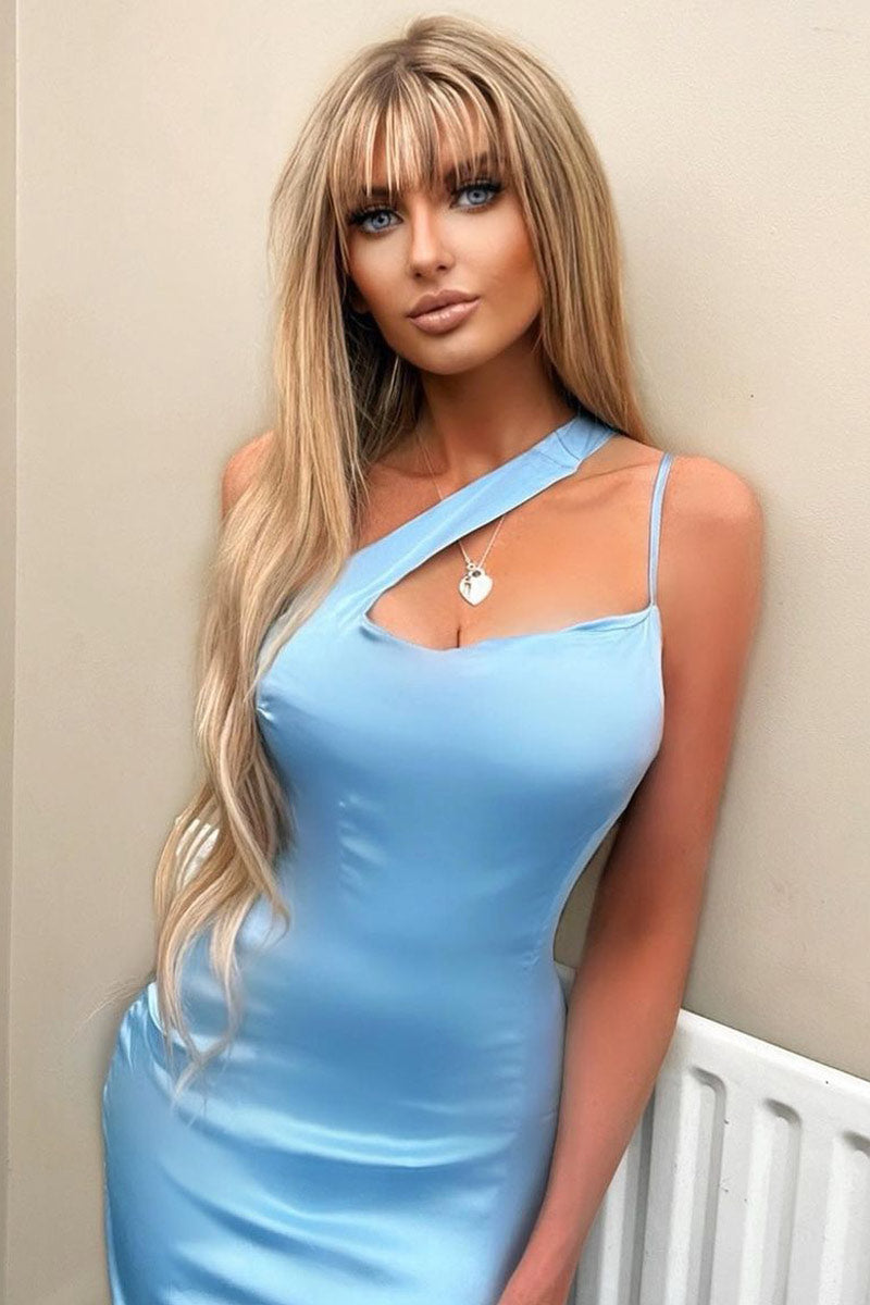 Blue Satin Asymmetric Strap Cut Out Front Mini Dress - Kiki