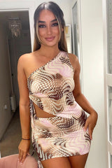 Pink Spot Print Asymmetric Crop Top & Mini Skirt Set - Lacey