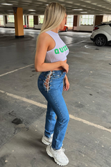 Mid Blue Denim Lace Up Detail Straight Leg Jeans - Eliana