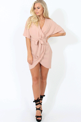 Nude Wrap Around Pleated Tie Waist Dress - Lilith