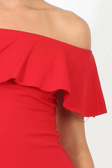 Red Bardot Frill Midi Dress - Lily