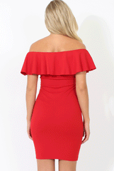 Red Bardot Frill Midi Dress - Lily