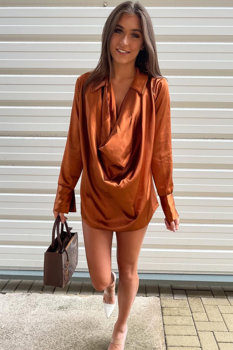 Rust Satin Extreme Cowl Neck Shirt - Luca