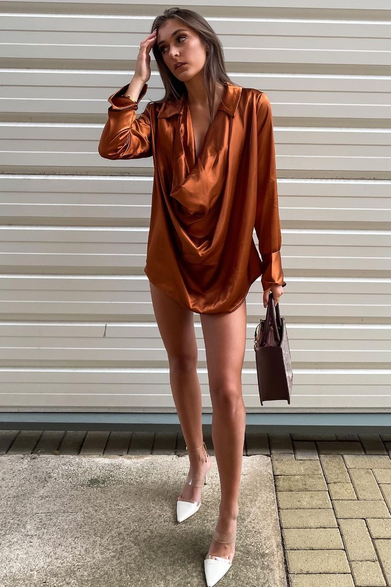 Rust Satin Extreme Cowl Neck Shirt - Luca