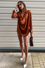 Rust Satin Extreme Cowl Neck Shirt - Luca