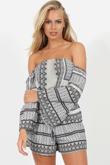 Grey Print Drawstring Bardot Playsuit - Lucinda
