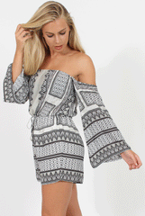 Grey Print Drawstring Bardot Playsuit - Lucinda