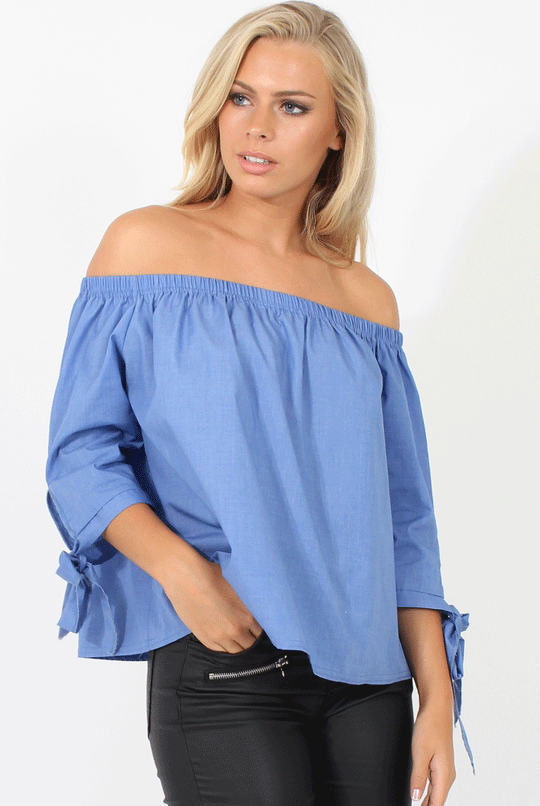 Blue Bardot Tie Cuff Top - Macy