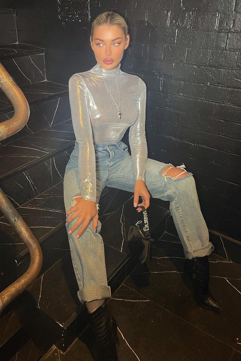 Silver Metallic High Neck Long sleeve Top - Maho