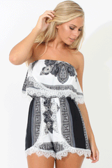 Black Paisley Print Lace Trim Bandeau Playsuit - Minnie