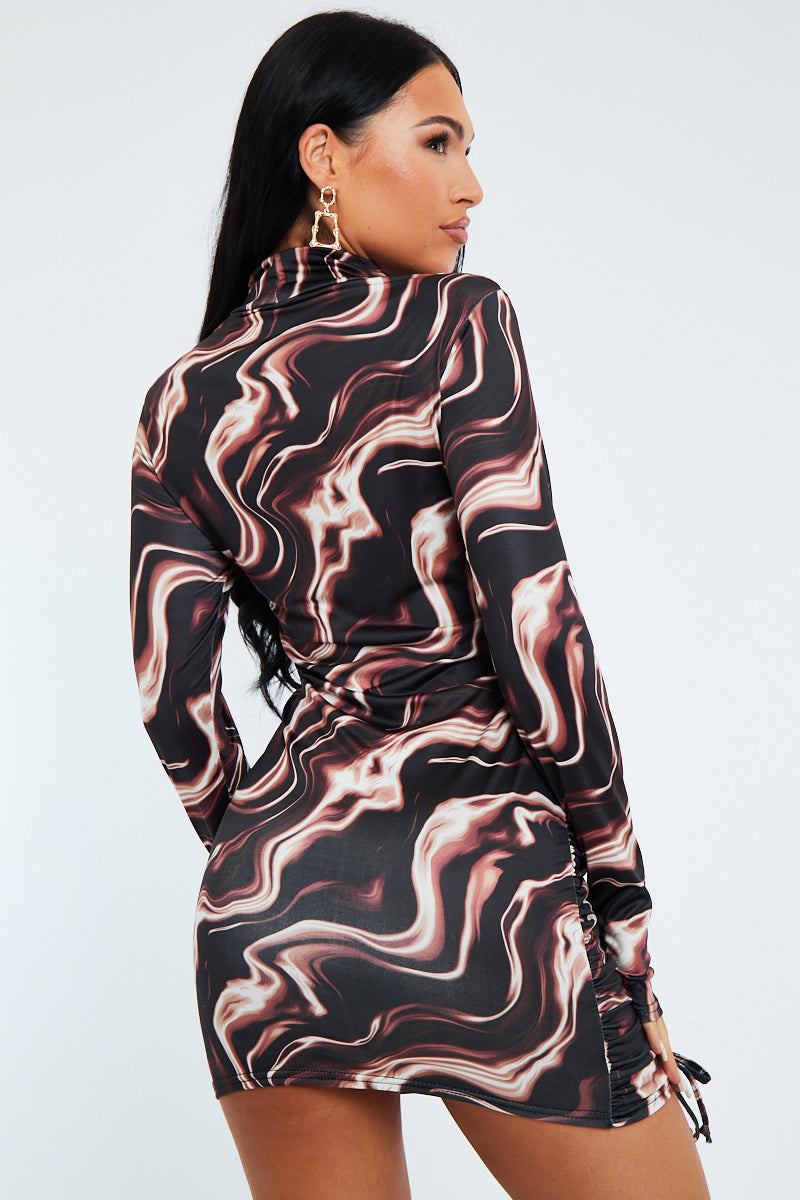 Brown Abstract Print Ruched Front Mini Dress | Mini Dresses | Rebellious Fashion Brown Abstract Print Ruched Front Mini Dress | Mini Dresses | Rebellious Fashion