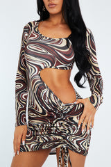 Brown Marble Print Side Ruched Cut Out Mini Dress - Aniisa