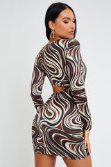 Brown Marble Print Side Ruched Cut Out Mini Dress - Aniisa