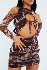 Brown Marble Print Cut Out Mesh Mini Dress - Sienne