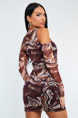Brown Marble Print Cut Out Mesh Mini Dress - Sienne