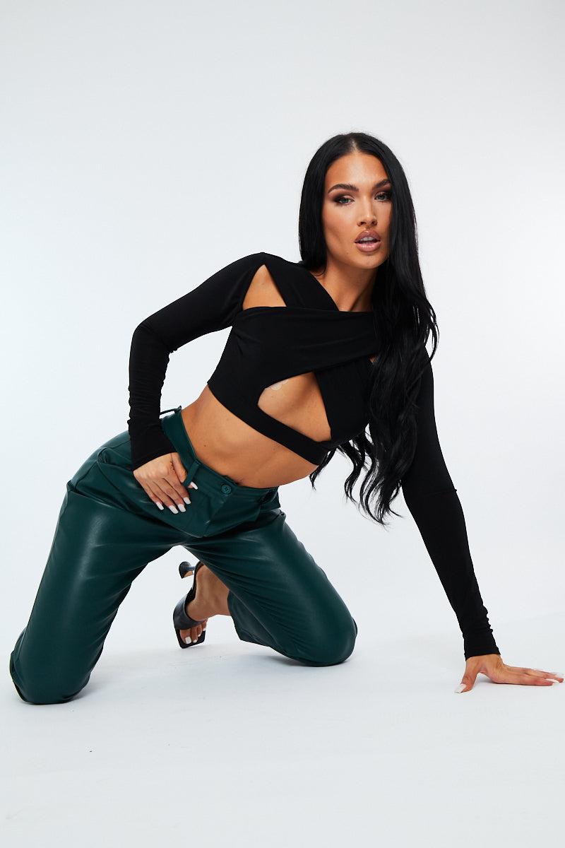 Black Slinky Cross Front Long Sleeve Crop Top - Tahlia