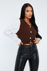 Brown Contrast Sleeves Knitted Top - Mckaela